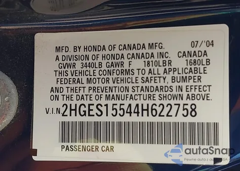 2004 Honda Civic Lx из США, поврежденный, VIN 2HGES15544H622758
